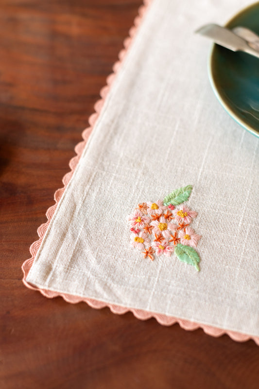 Cotton slub table mat with hand embroidery and lace detailing-single unit