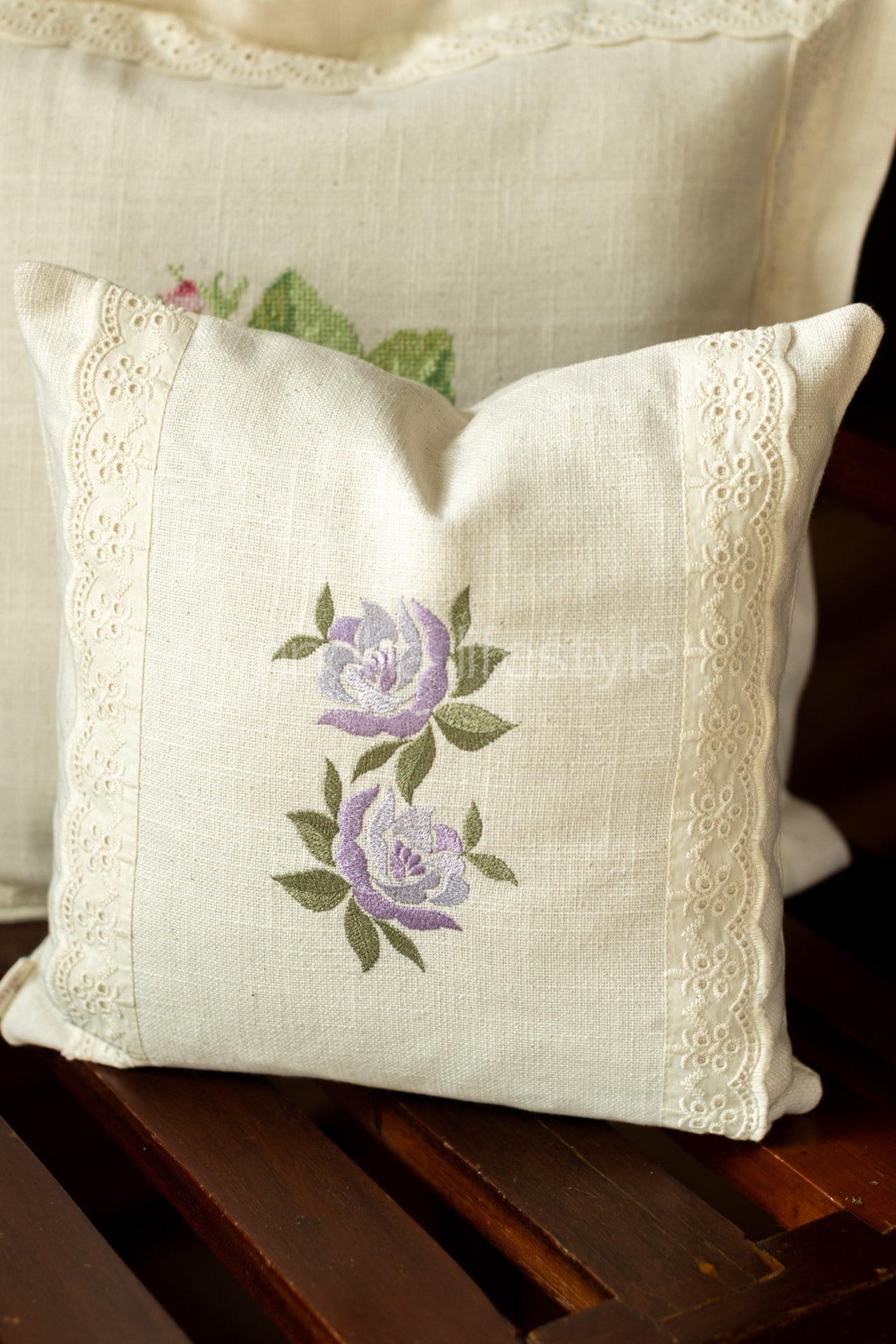 cotton cushion cover with embroidery and lace detailing -Single unit- 12x12 inches( Customisable)