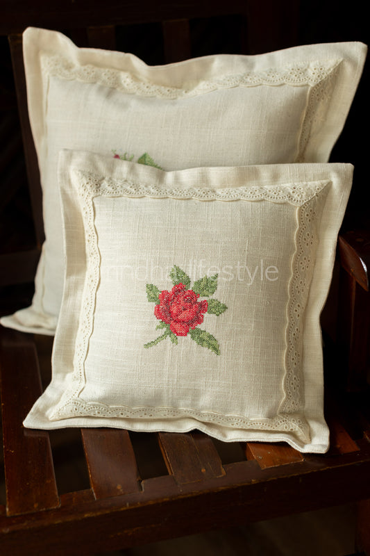 cotton cushion cover with cross stitch embroidery and lace detailing -Single unit- 12x12 inches( Customisable)