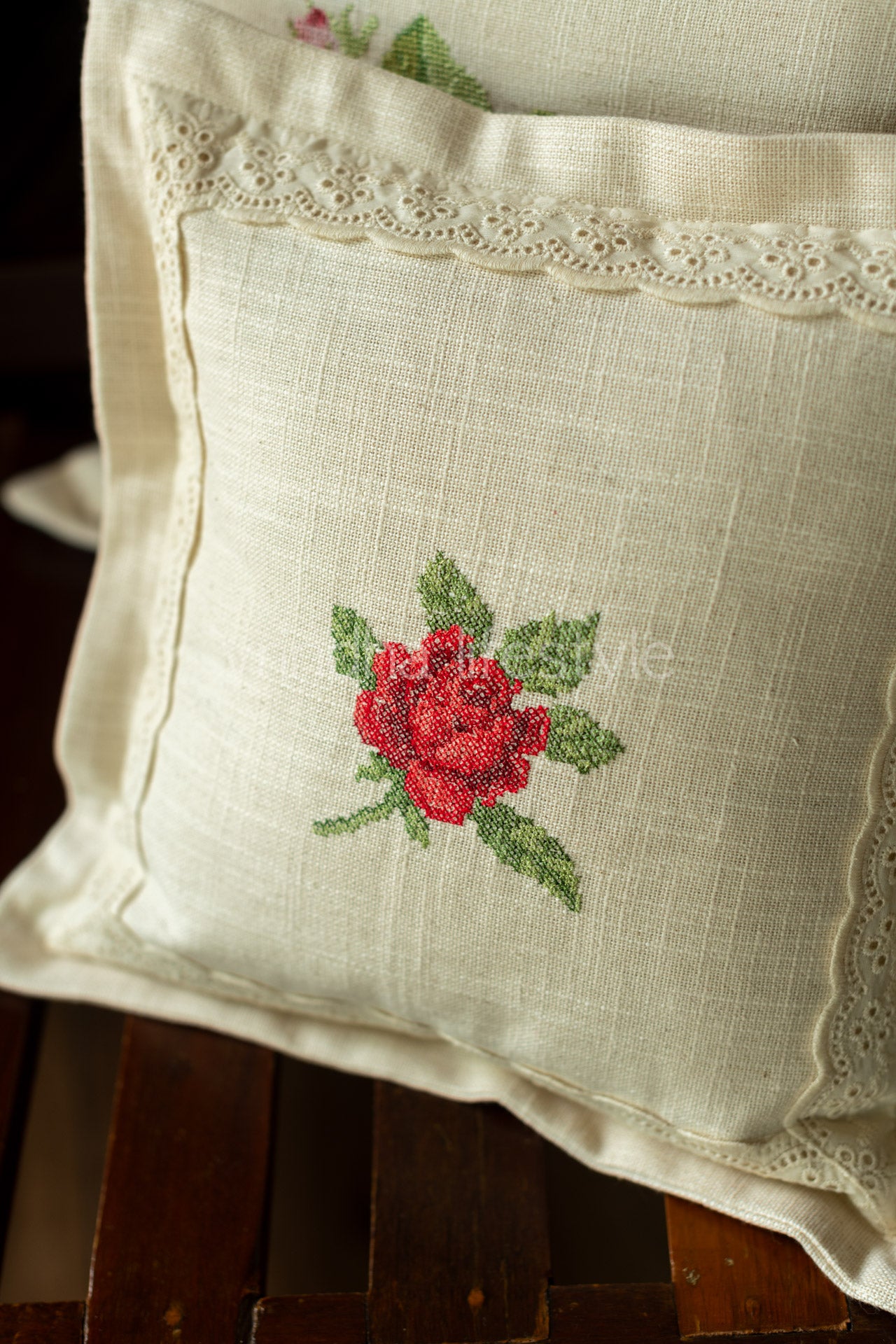 cotton cushion cover with cross stitch embroidery and lace detailing -Single unit- 12x12 inches( Customisable)