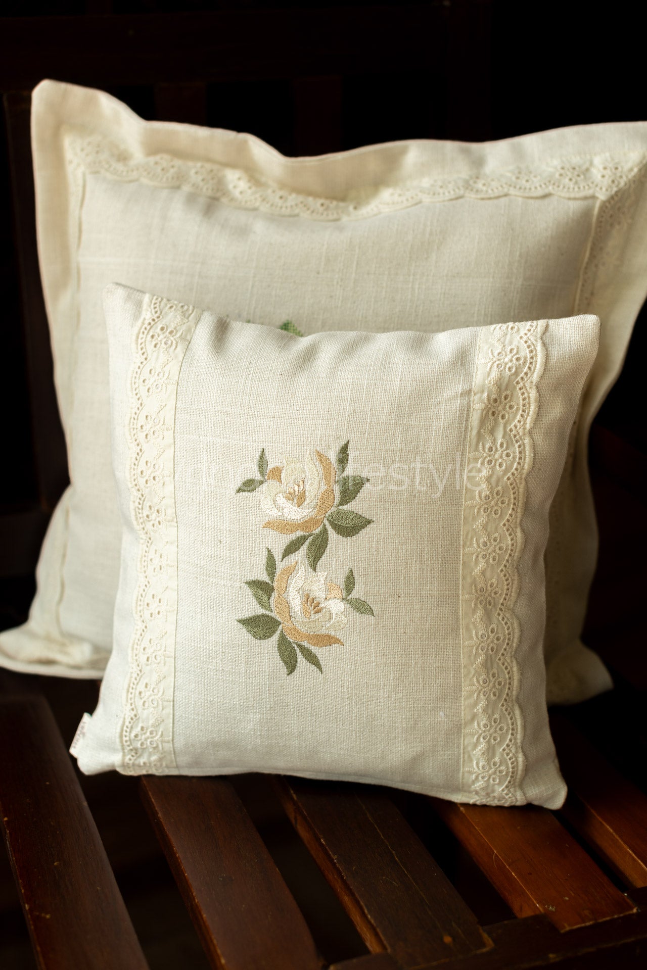 cotton cushion cover with embroidery and lace detailing -Single unit- 12x12 inches( Customisable)