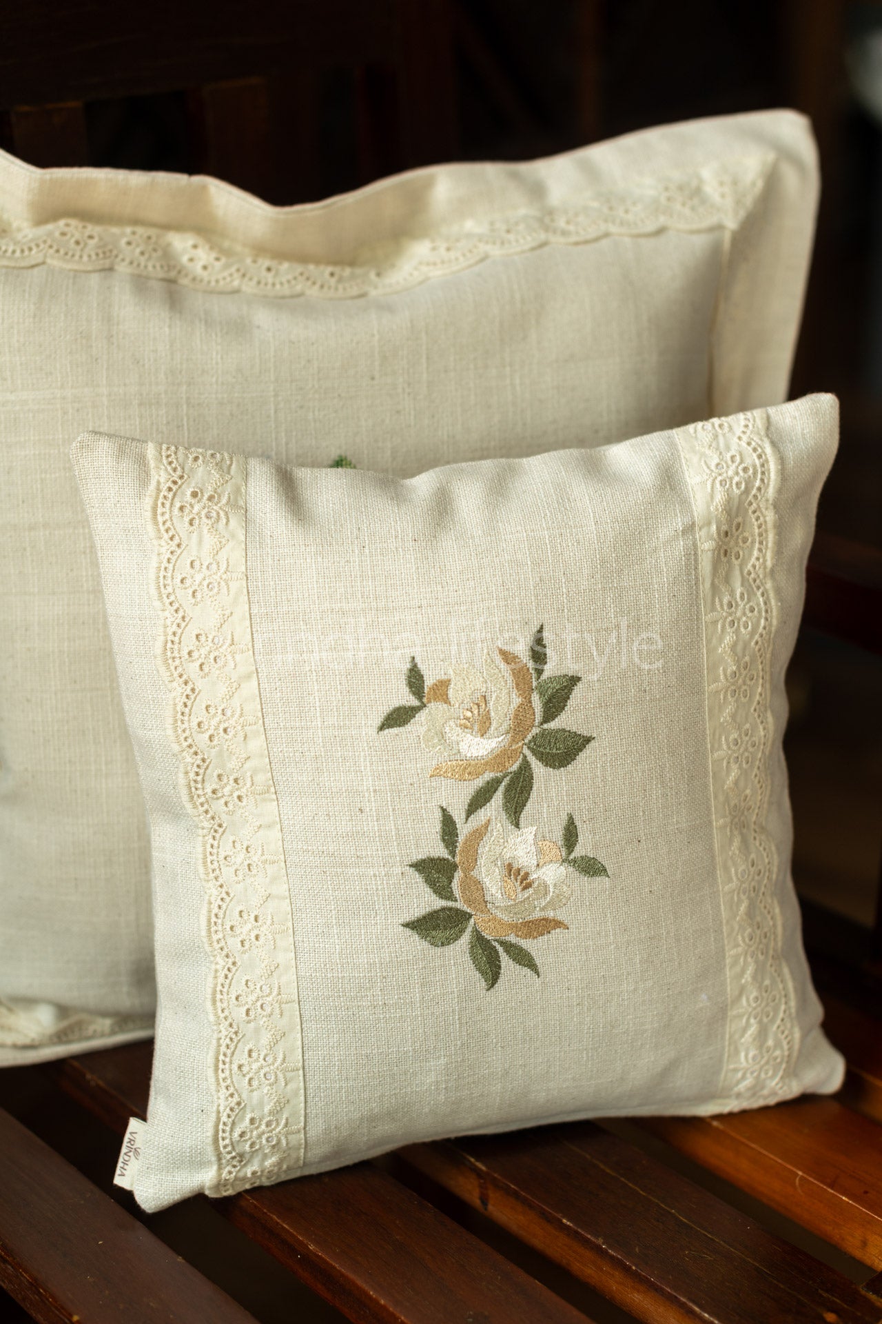 cotton cushion cover with embroidery and lace detailing -Single unit- 12x12 inches( Customisable)