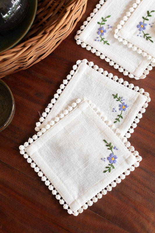Cotton  coasters with hand embroidery lace detailing -set of 4