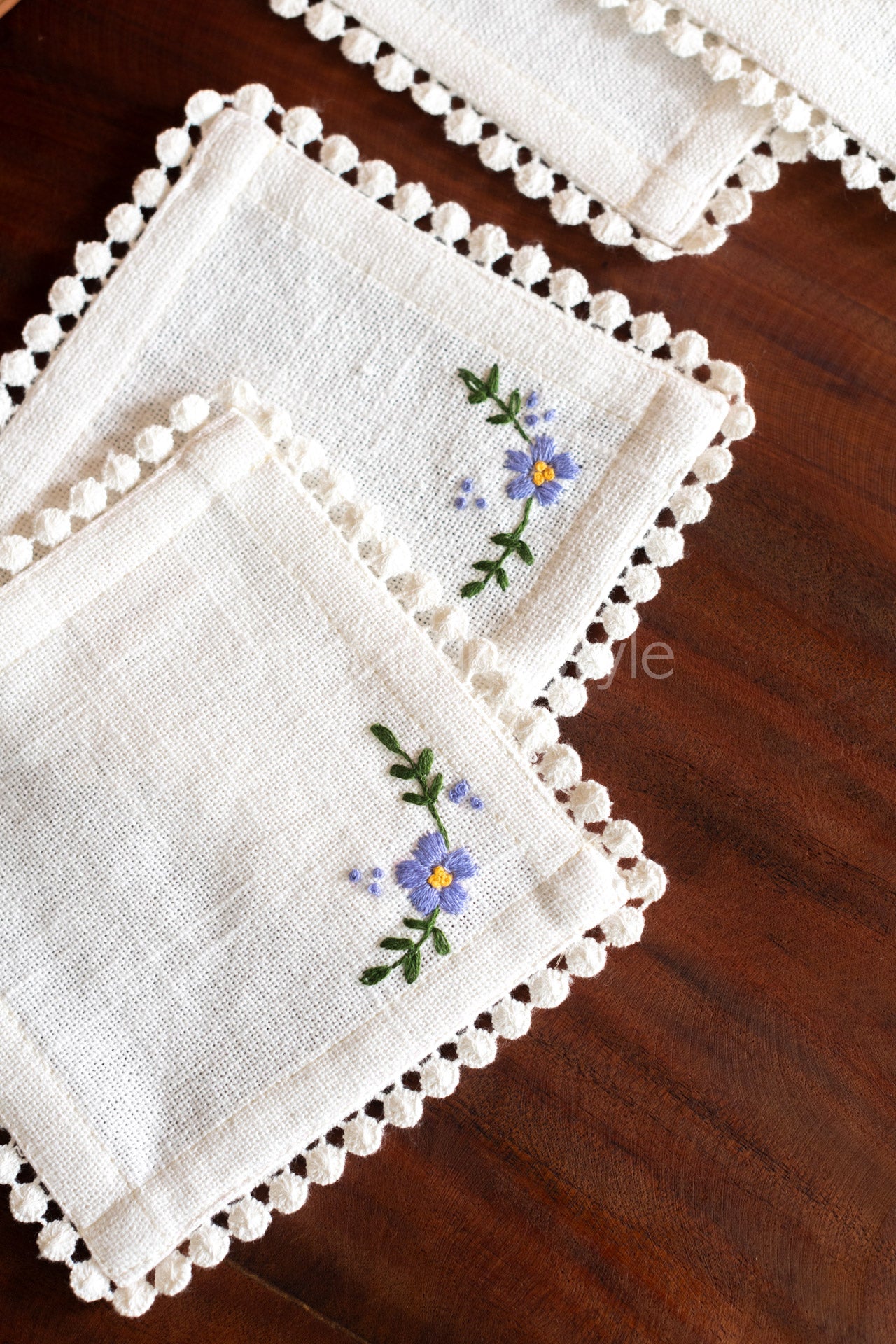 Cotton  coasters with hand embroidery lace detailing -set of 4