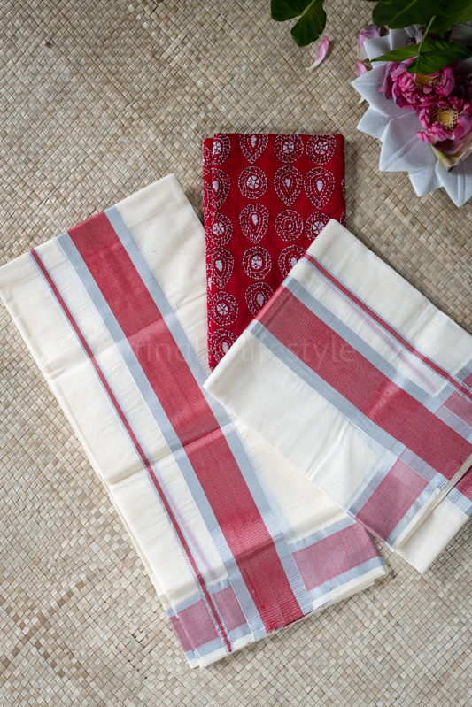 KERALA KASAVU SET MUNDU-red/silver