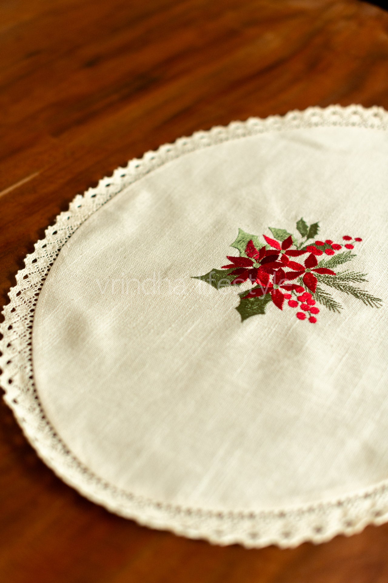 Round table mat with cross stitch embroidery and lace detailing-15 inches