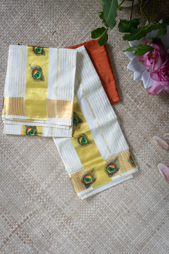 KERALA KASAVU  SET MUNDU-stripes ,printed