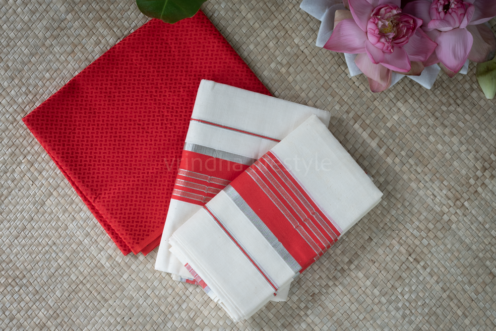 KERALA KASAVU SET MUNDU-chili red /silver