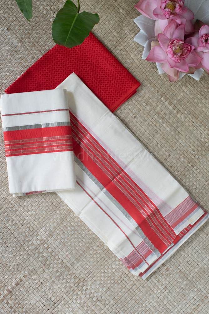 KERALA KASAVU SET MUNDU-chili red /silver