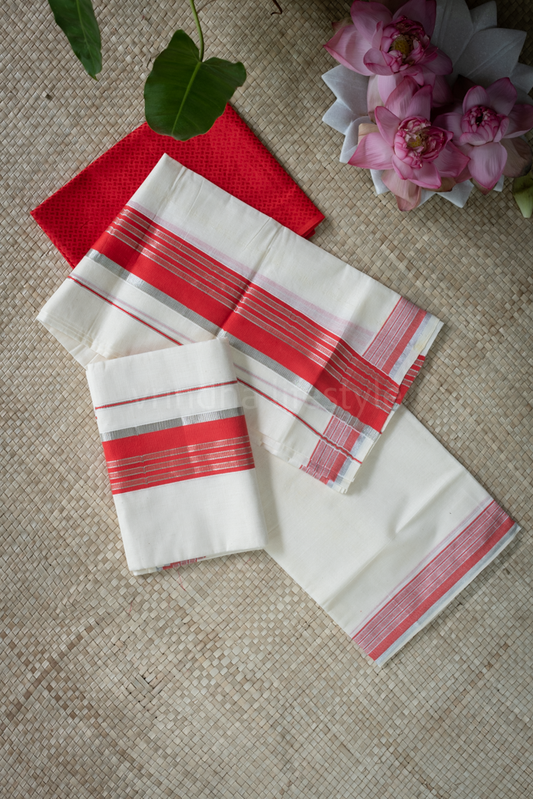 KERALA KASAVU SET MUNDU-chili red /silver