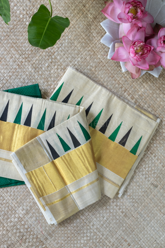 KERALA KASAVU TISSUE SET MUNDU-Green/black/gold