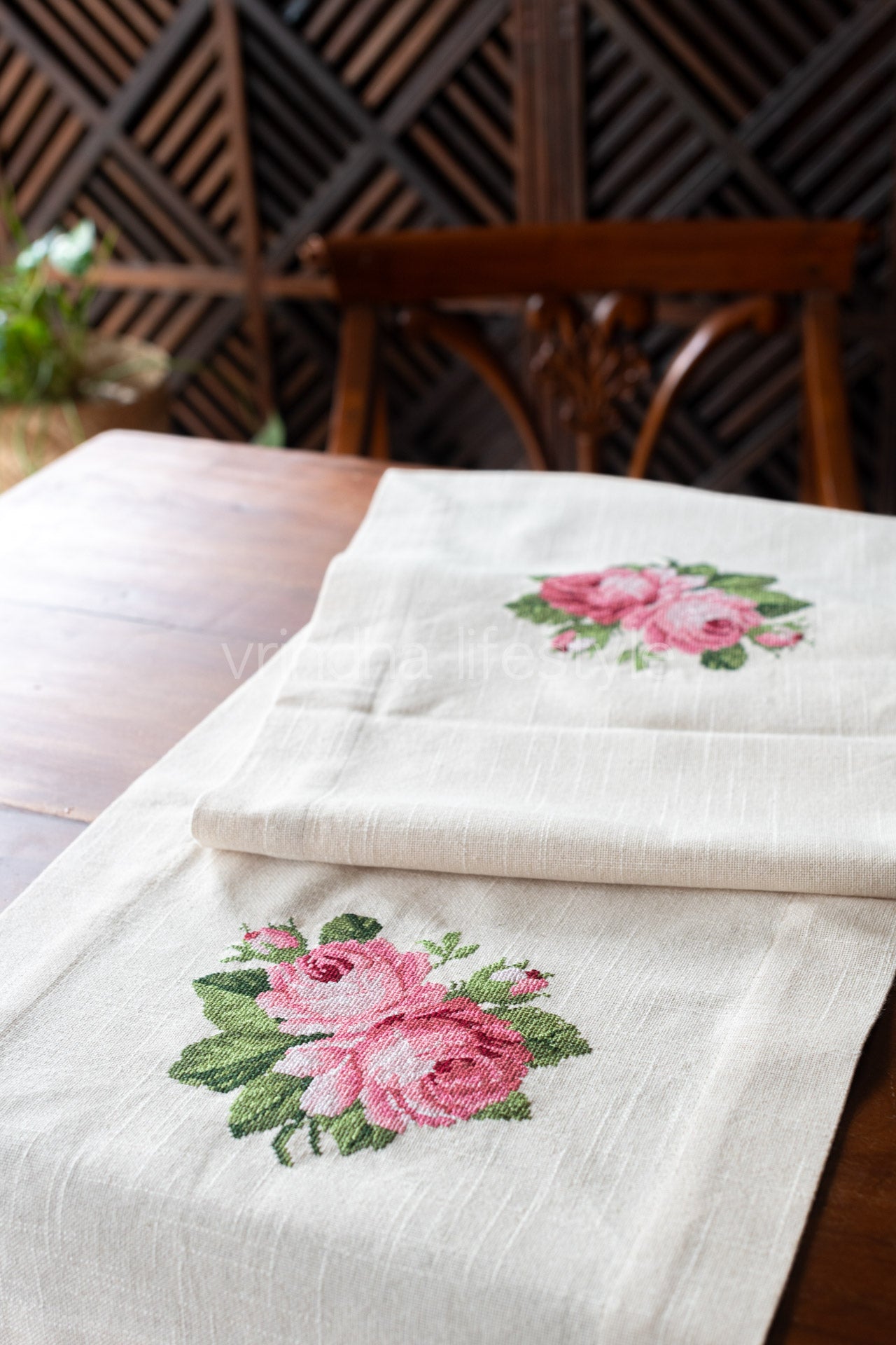 Cotton table runner with embroidery - 14x54 inches