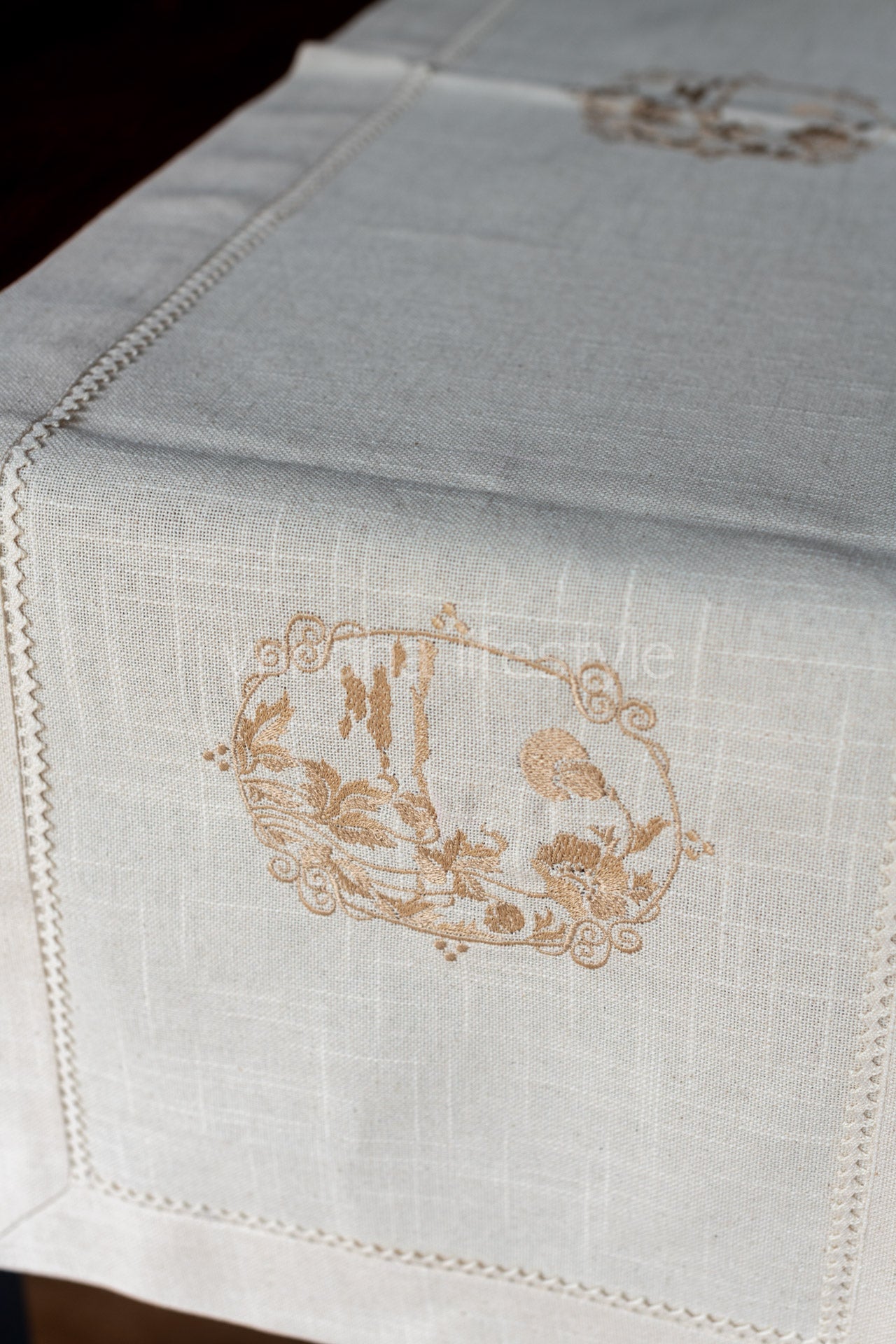 Cotton table runner with embroidery and lace detaililng - 14x54 inches