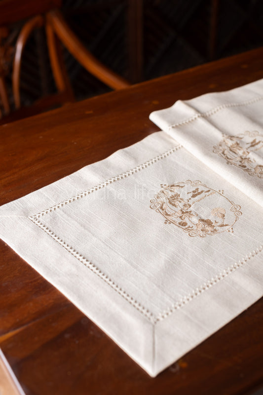 Cotton table runner with embroidery and lace detaililng - 14x54 inches