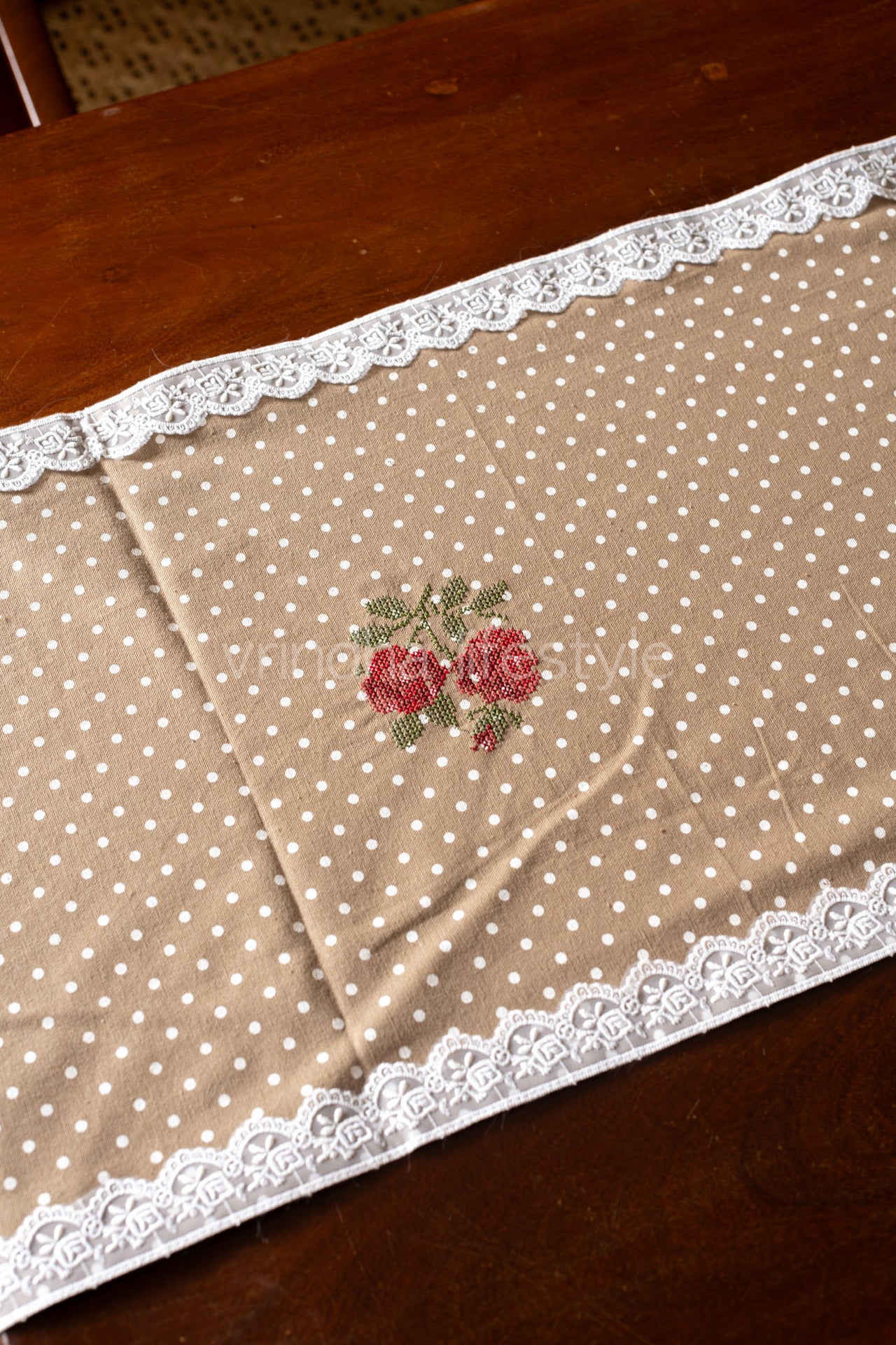 Polka dot cotton  table runner with cross stitch embroidery and lace detailing -4 seater -13.5x62 inches