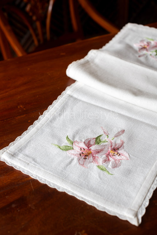 Cotton table runner with embroidery and lace detailing -12x40 inches-coffee table runner