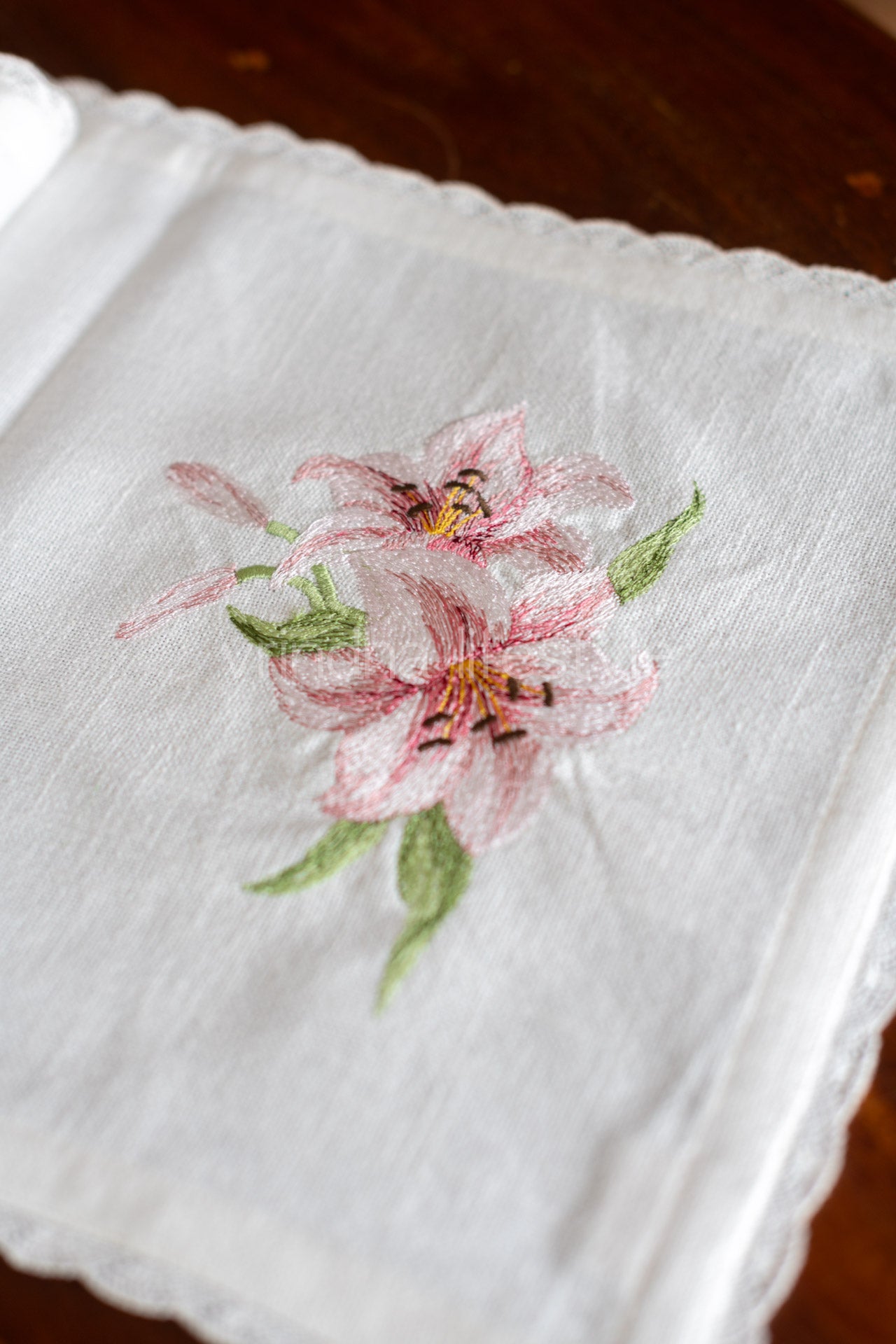 Cotton table runner with embroidery and lace detailing -12x40 inches-coffee table runner