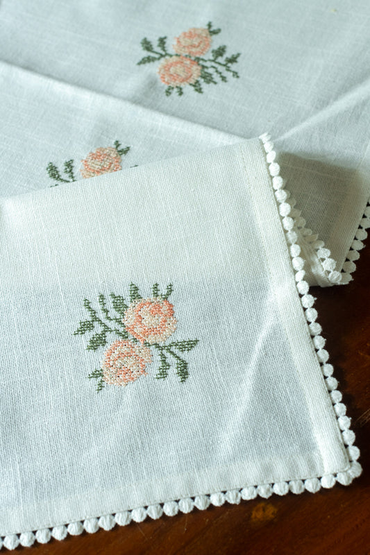 Cotton table runner with cross stitch embroidery and lace detailing -4 seater -14x48 inches