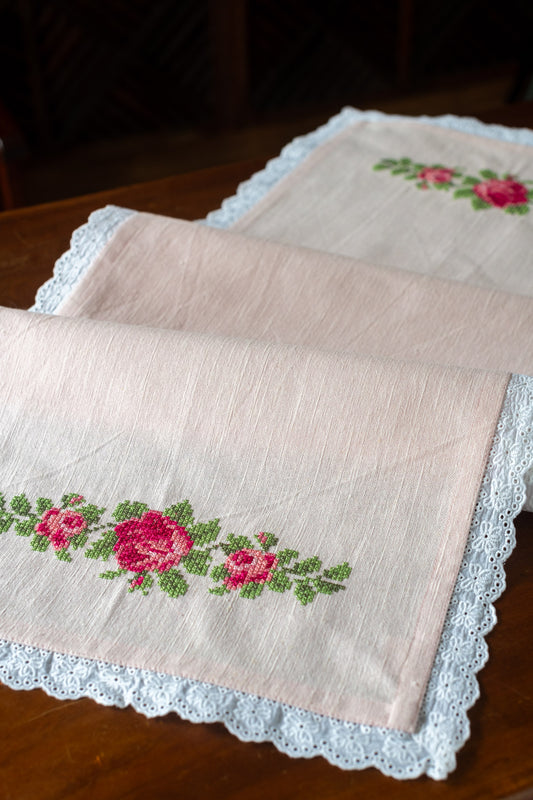 Cotton table runner with embroidery and lace detailing-13x50 inches