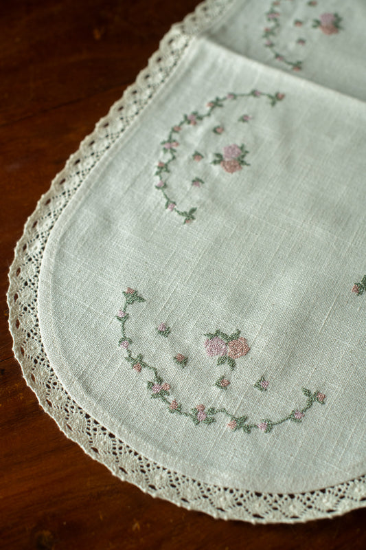 Cotton table runner with cross stitch embroidery and lace detailing -customisable