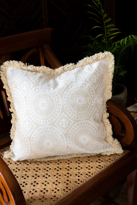 PRINTED COTTON CUSHION COVER with fringe -Single unit