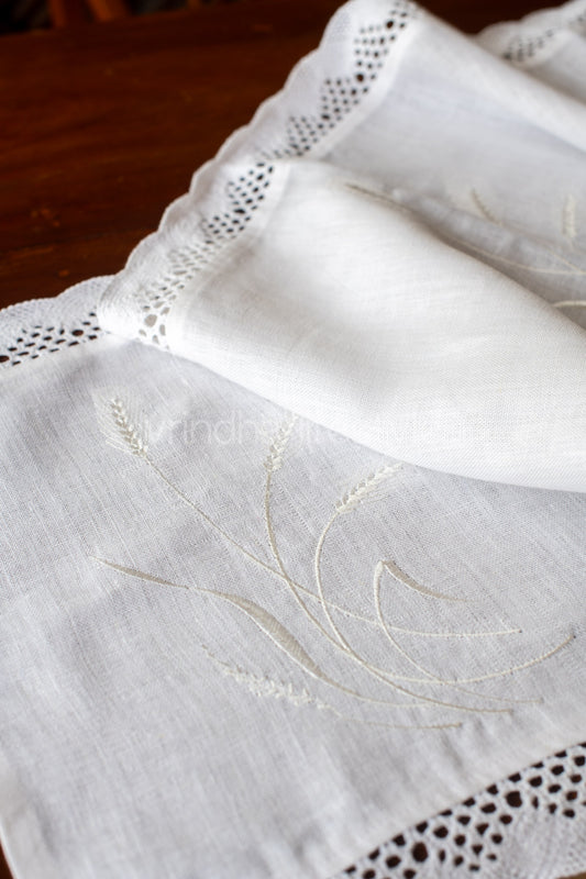 Pure Linen table runner with embroidery and lace detailing  15x52 inches-customisable
