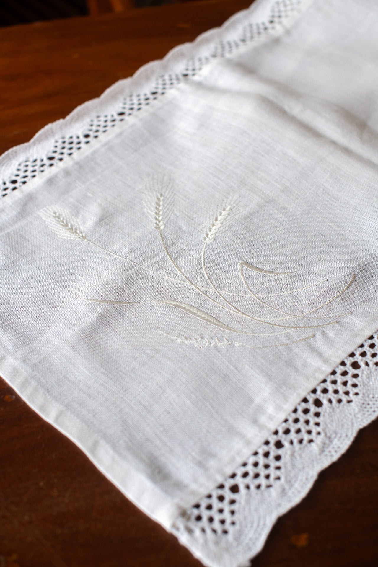 Pure Linen table runner with embroidery and lace detailing  15x52 inches-customisable