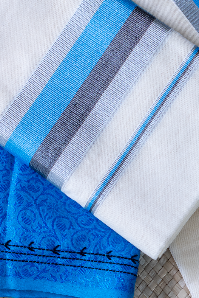 KERALA SET MUNDU-Blue/silver