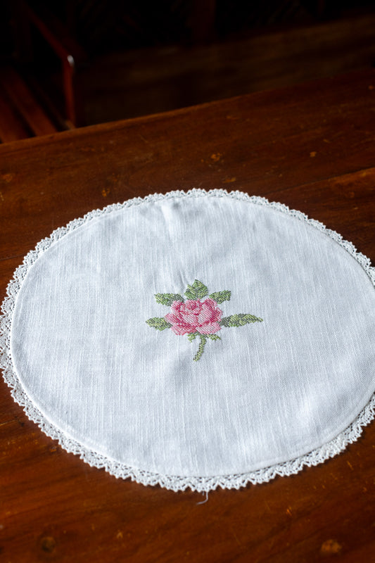 Round table mat with embroidery and lace detailing-16 inches