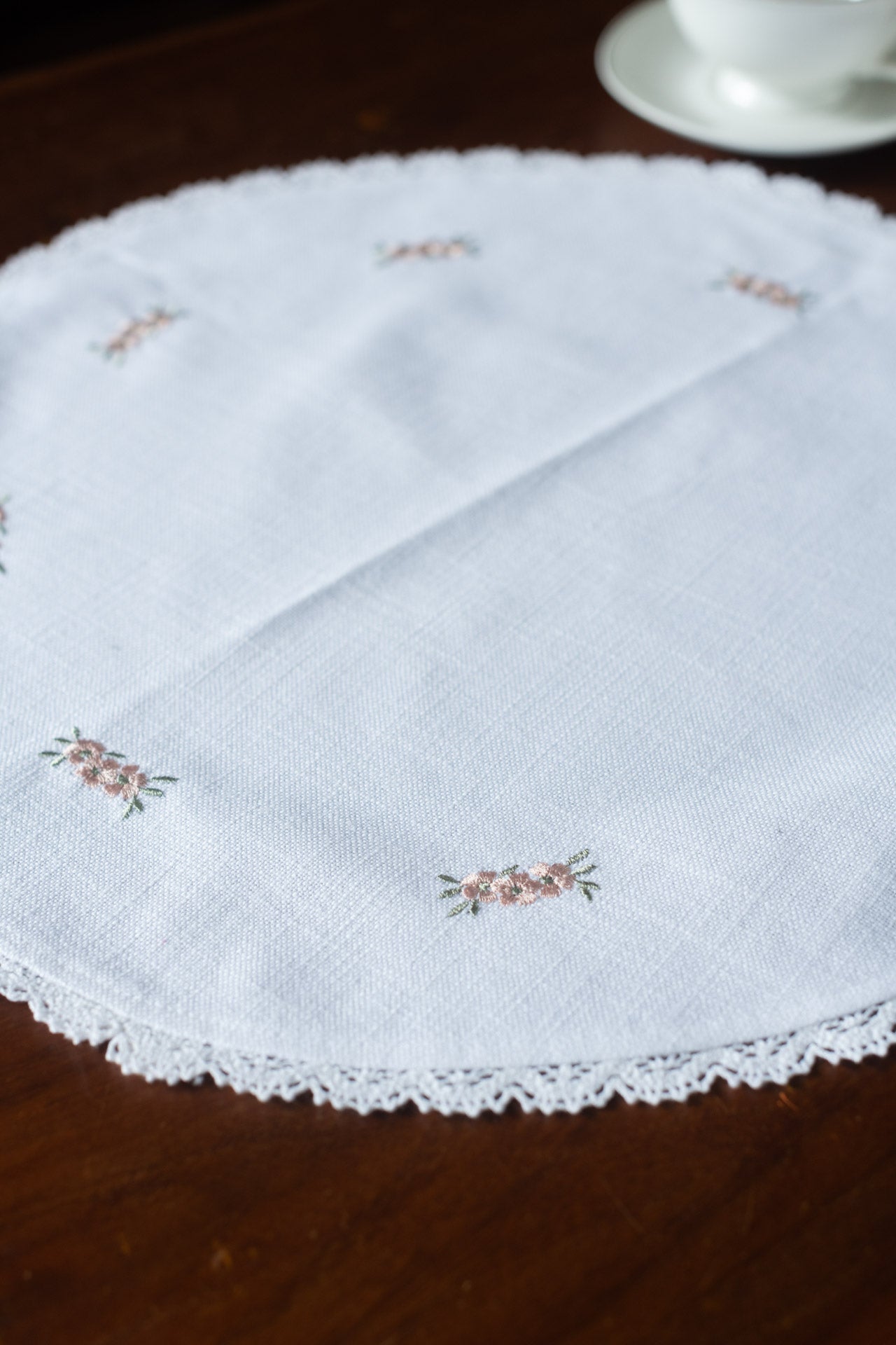 Round table mat with embroidery and lace detailing-16 inches
