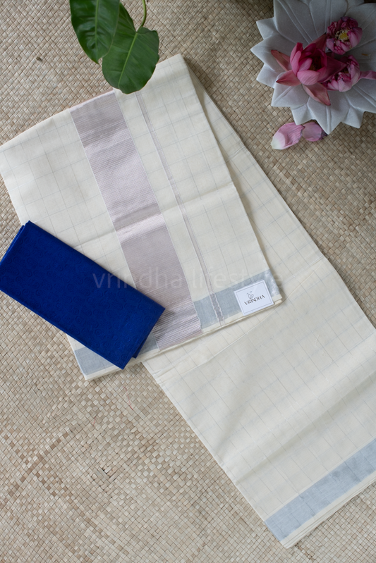 KERALA KASAVU SAREE-Silver checks