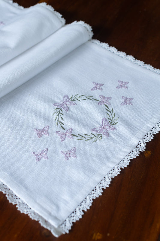 Cotton table runner with embroidery and lace detailing-14x43 inches( customisable)