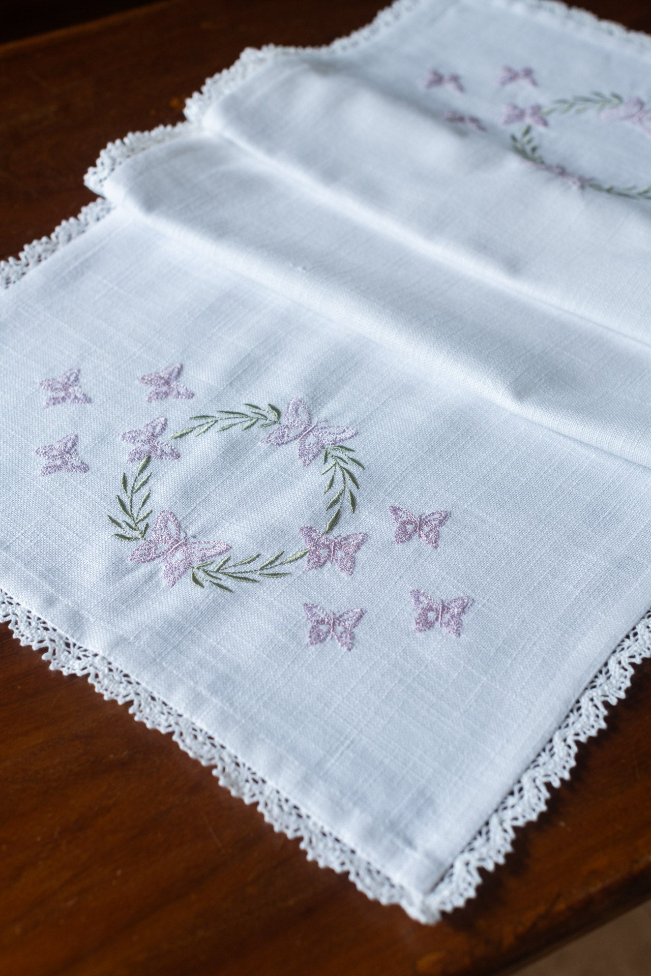 Cotton table runner with embroidery and lace detailing-14x43 inches( customisable)