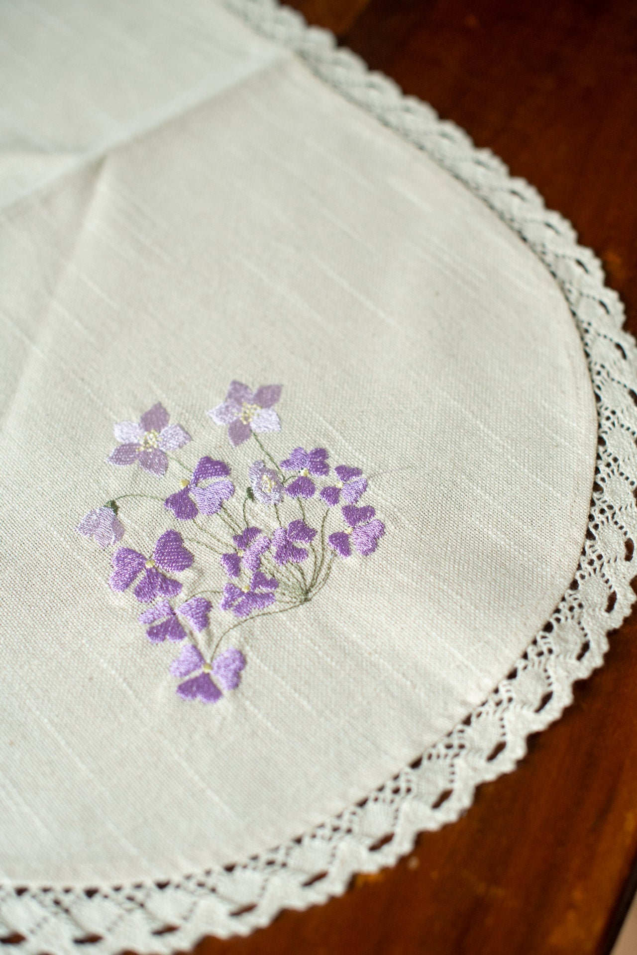 Cotton table runner with cross stitch embroidery and lace detailing -customisable