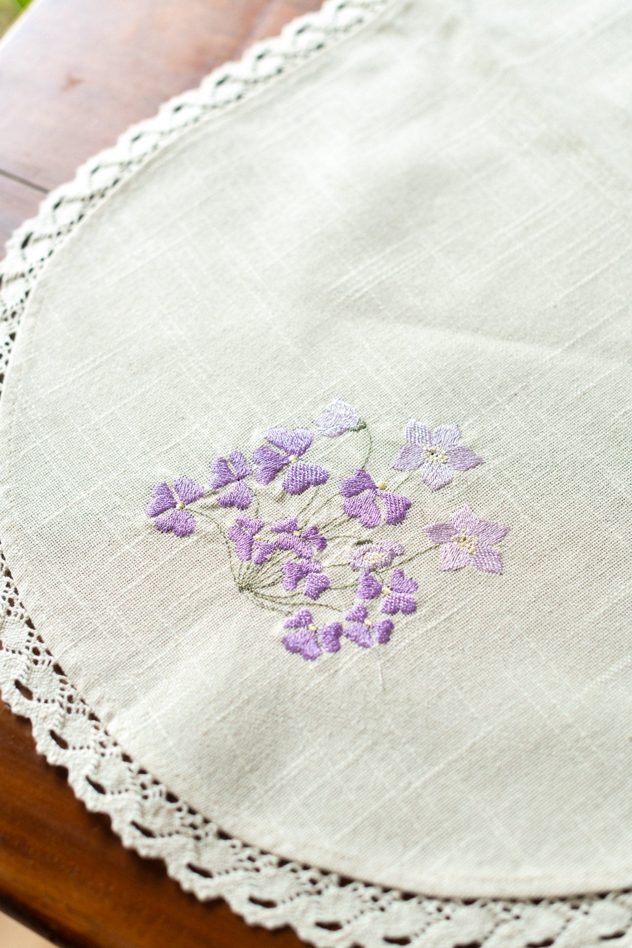 Cotton table runner with cross stitch embroidery and lace detailing -customisable