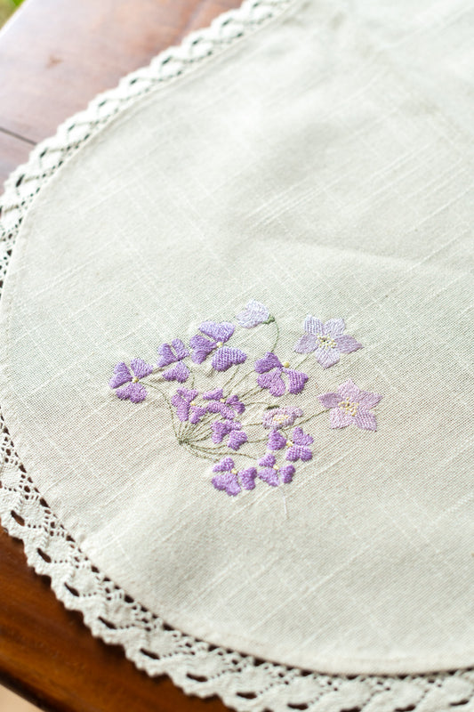Cotton table runner with cross stitch embroidery and lace detailing -customisable