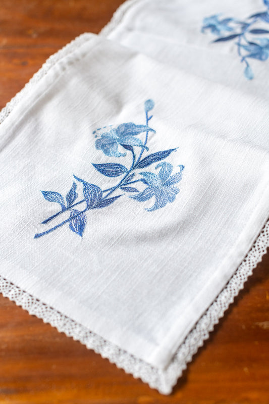 Cotton coffee table runner with embroidery and lace detailing -12x36 inches