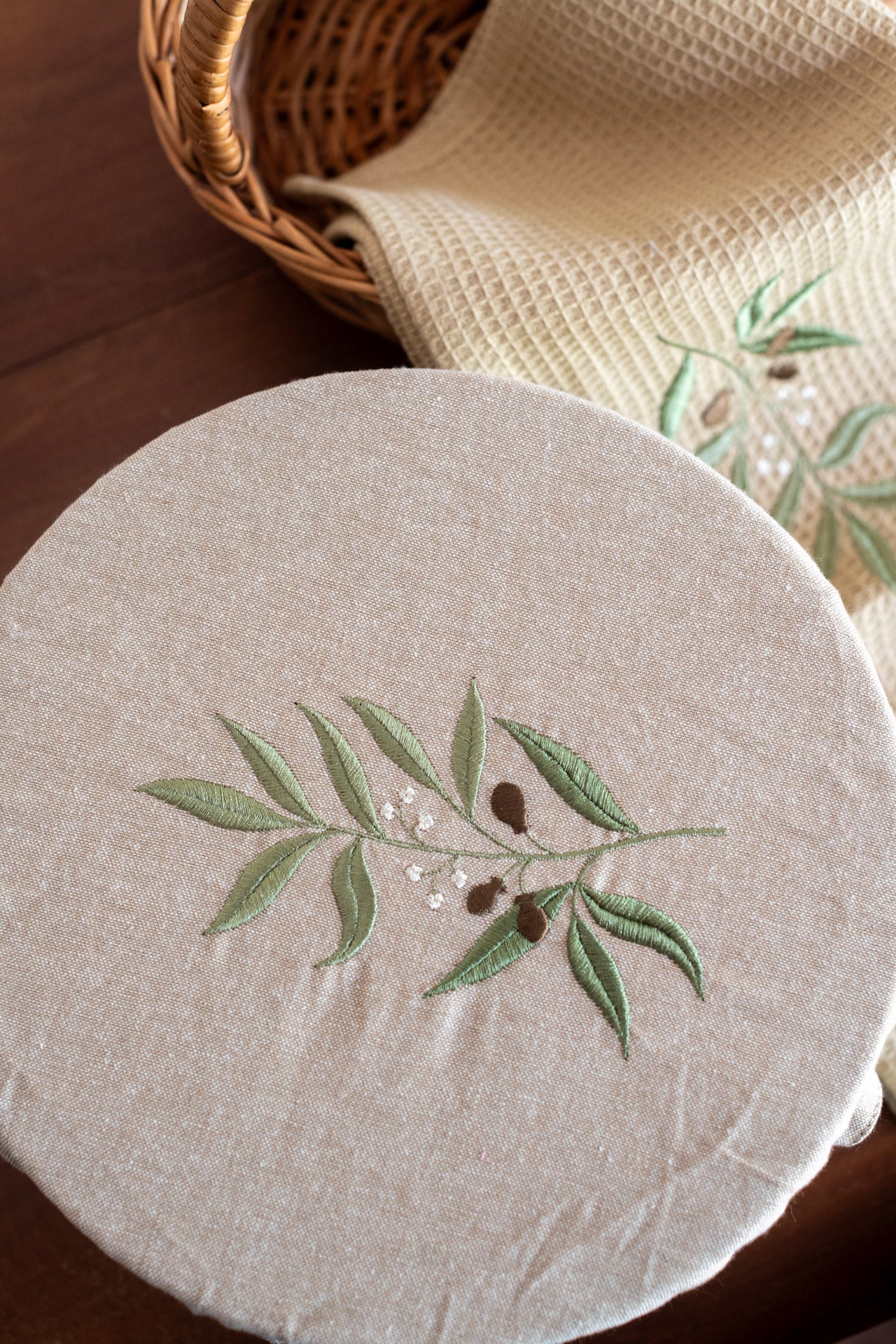 Fabric bowl cover with embroidered kitchen towel-Set of 2