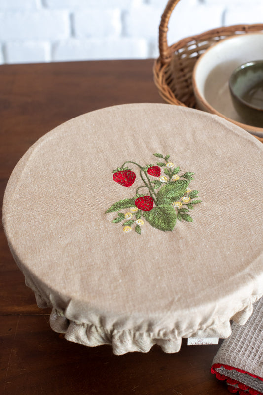 Fabric bowl cover with embroidered kitchen towel-Set of 2