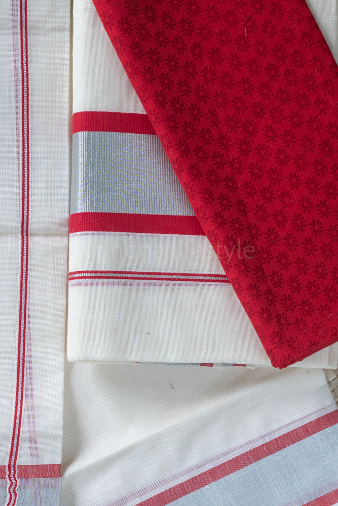 KERALA SET MUNDU-silver/red