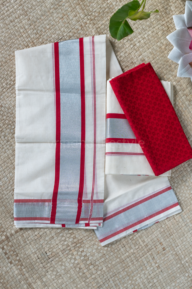 KERALA SET MUNDU-silver/red