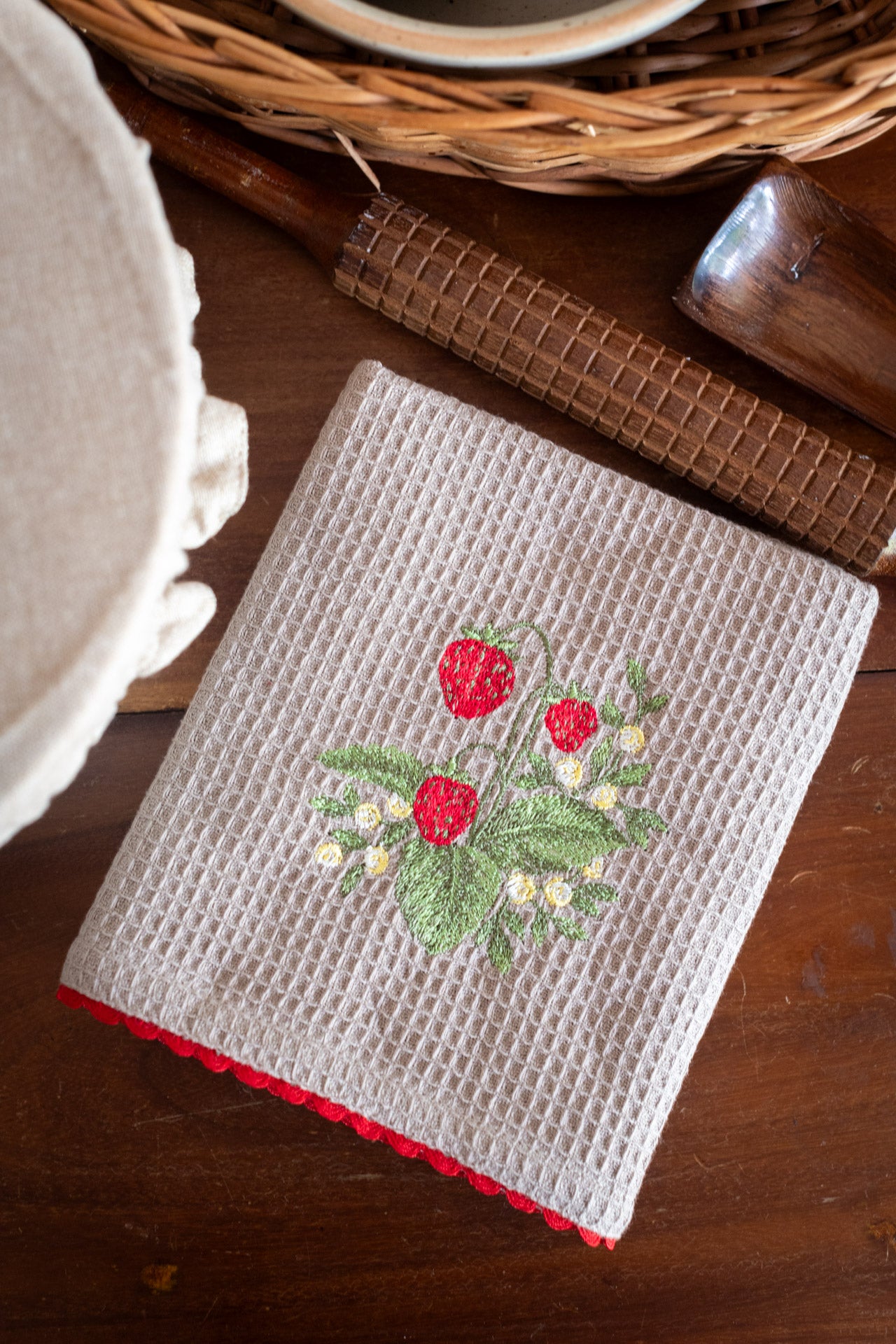 Fabric bowl cover with embroidered kitchen towel-Set of 2
