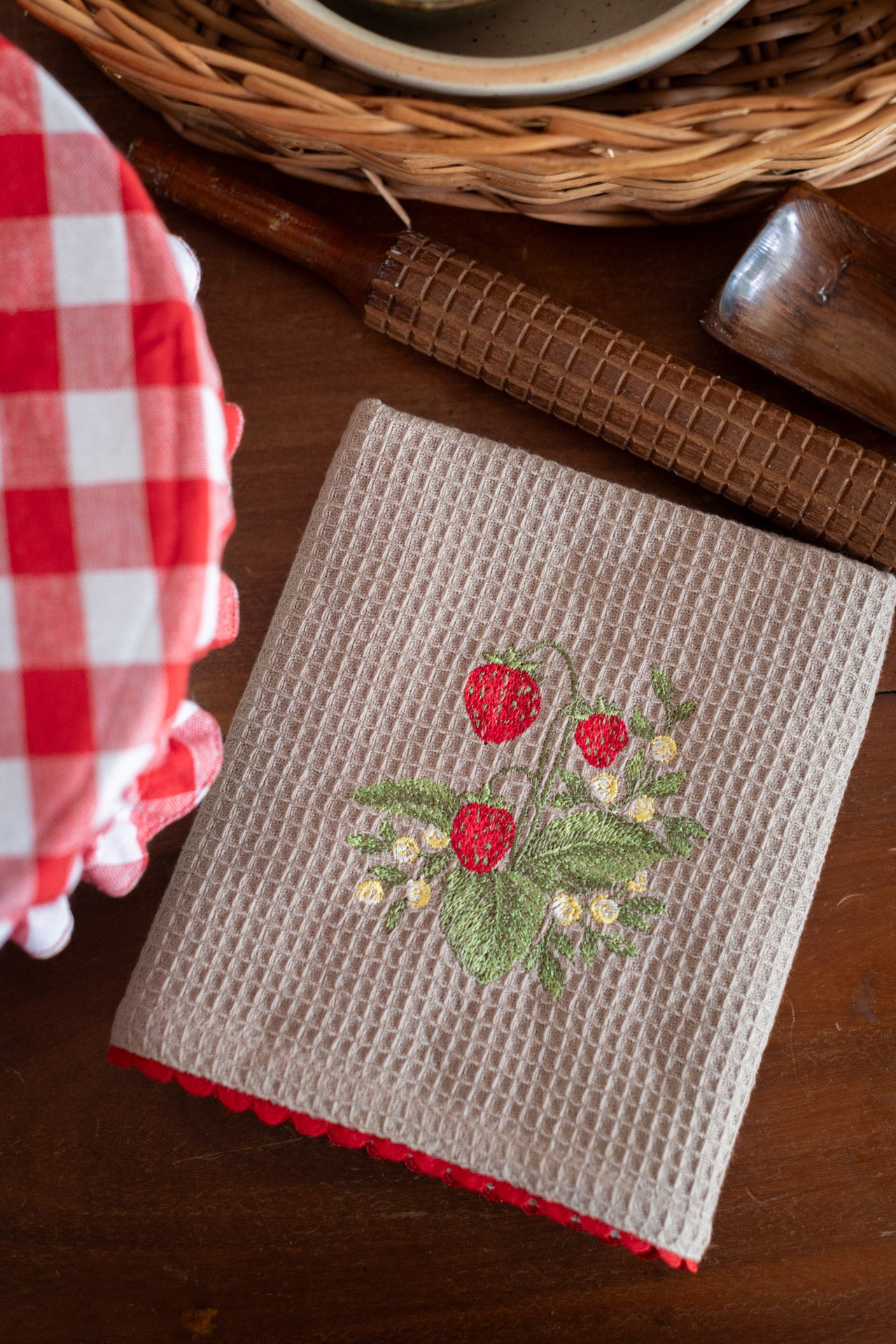 Fabric bowl cover with embroidered kitchen towel-Set of 2