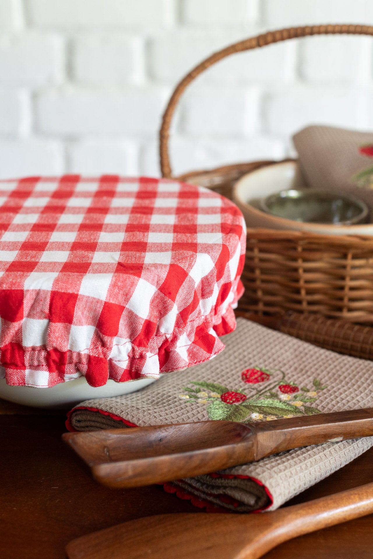Fabric bowl cover with embroidered kitchen towel-Set of 2