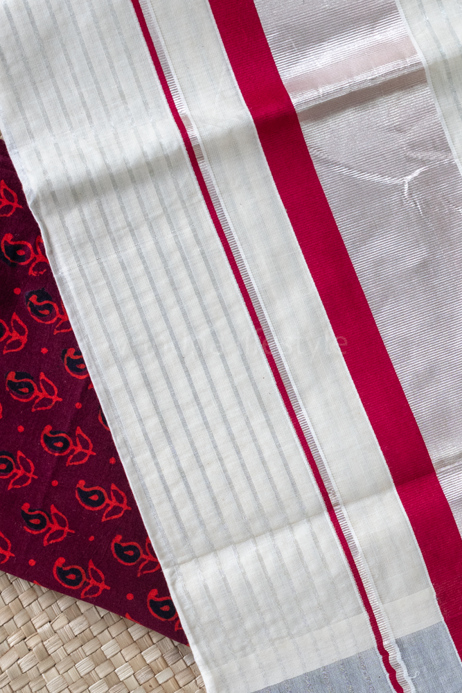 KERALA KASAVU SAREE-red/silver stripes