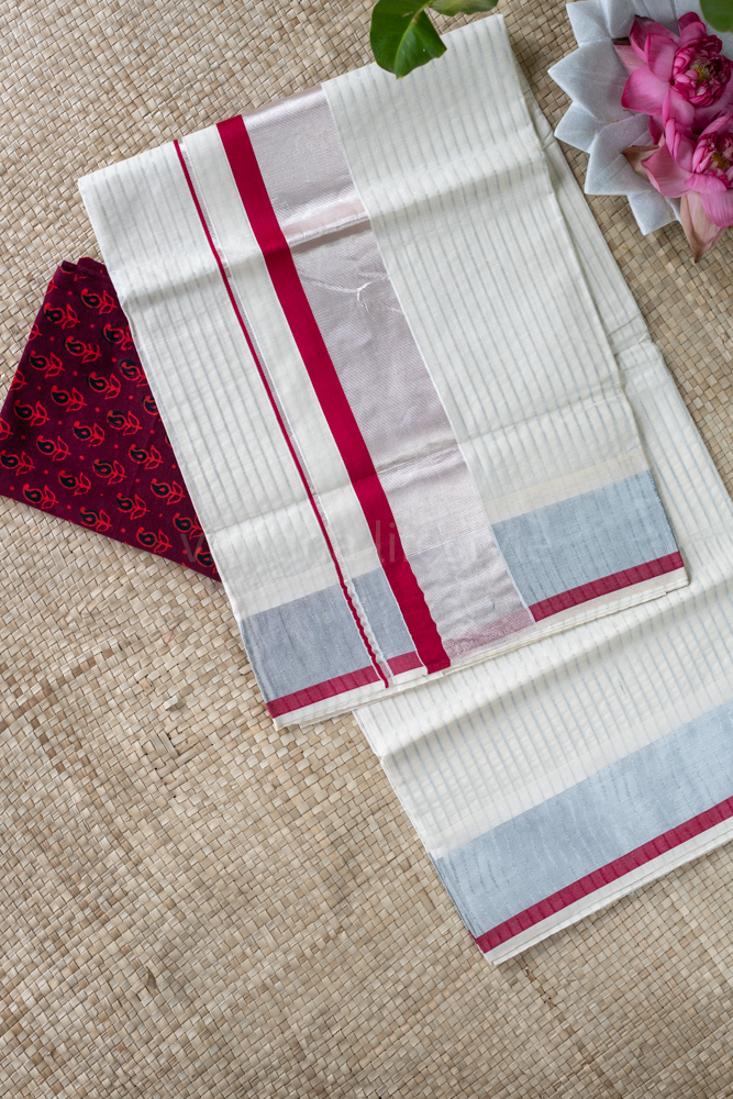 KERALA KASAVU SAREE-red/silver stripes