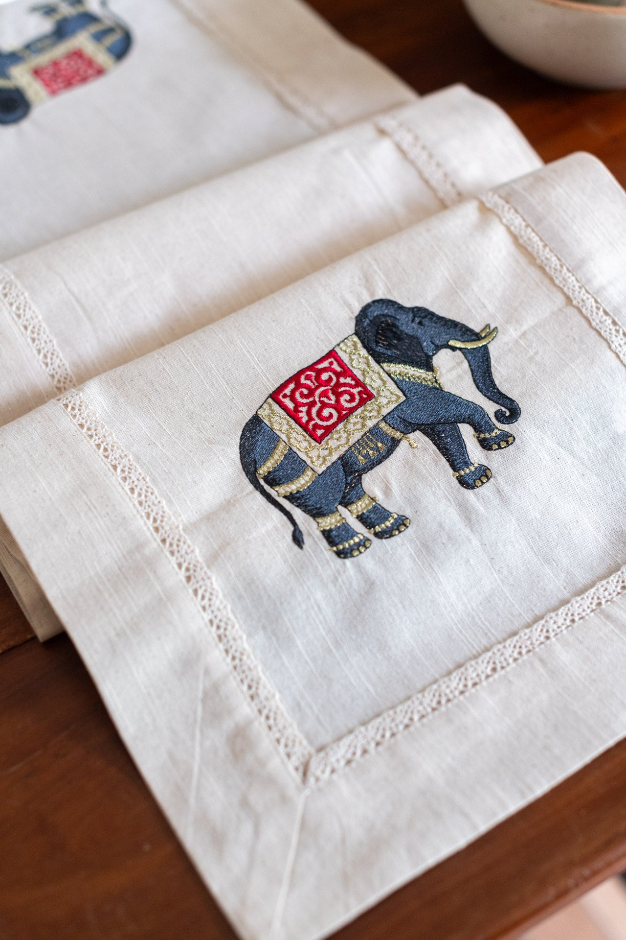 Cotton  table runner with embroidery and lace detailing -13x56 inches