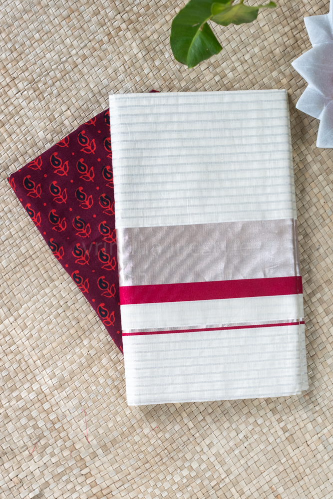 KERALA KASAVU SAREE-red/silver stripes