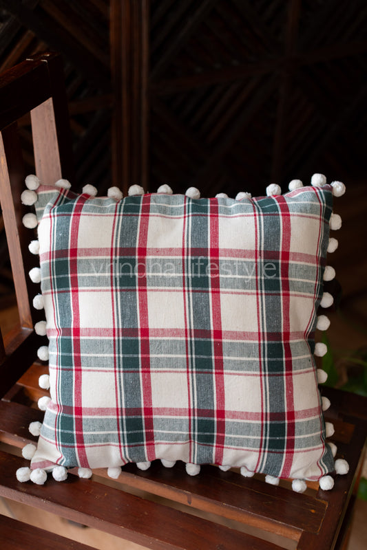 PLAID CUSHION COVER with pom pom-single unit