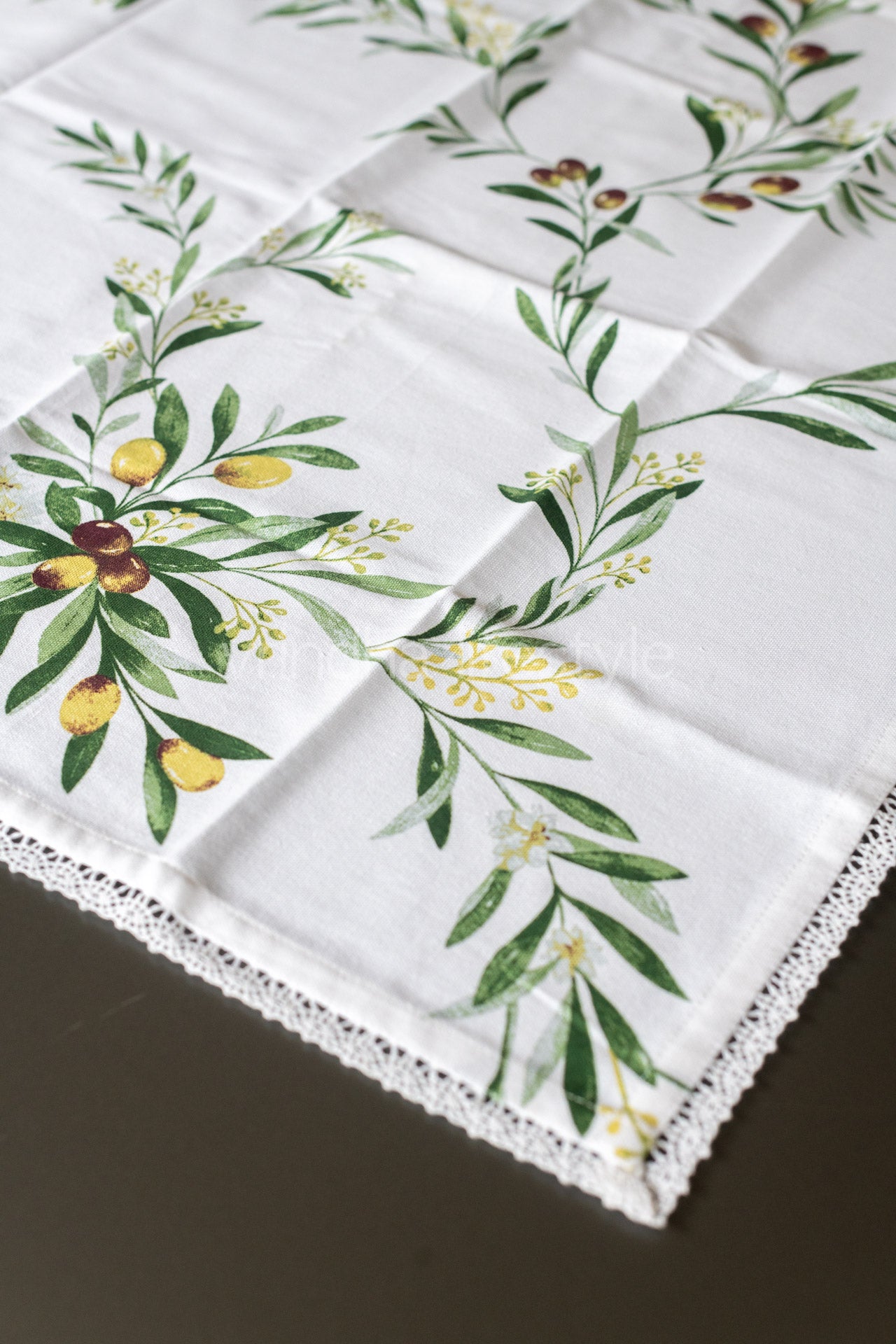 Printed table cloth with lace detailing-coffee table